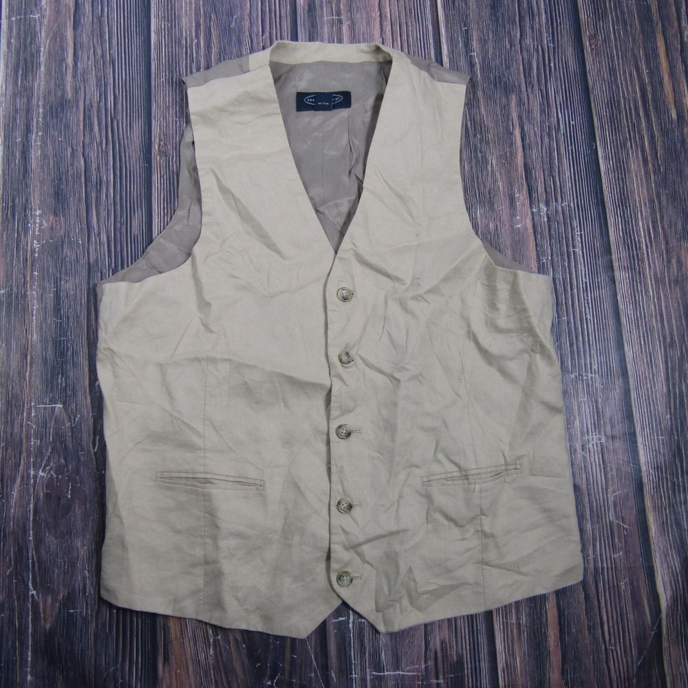 Pronto Uomo Vest Womens L Beige Linen Lined Button Front Belted Twill Formal